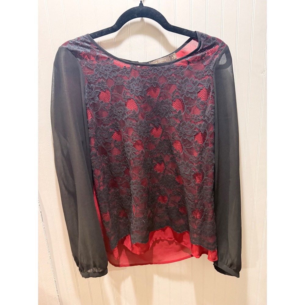 The Limited Womens Black Lace Red Layered Blouse Sheer Long Sleeve Small